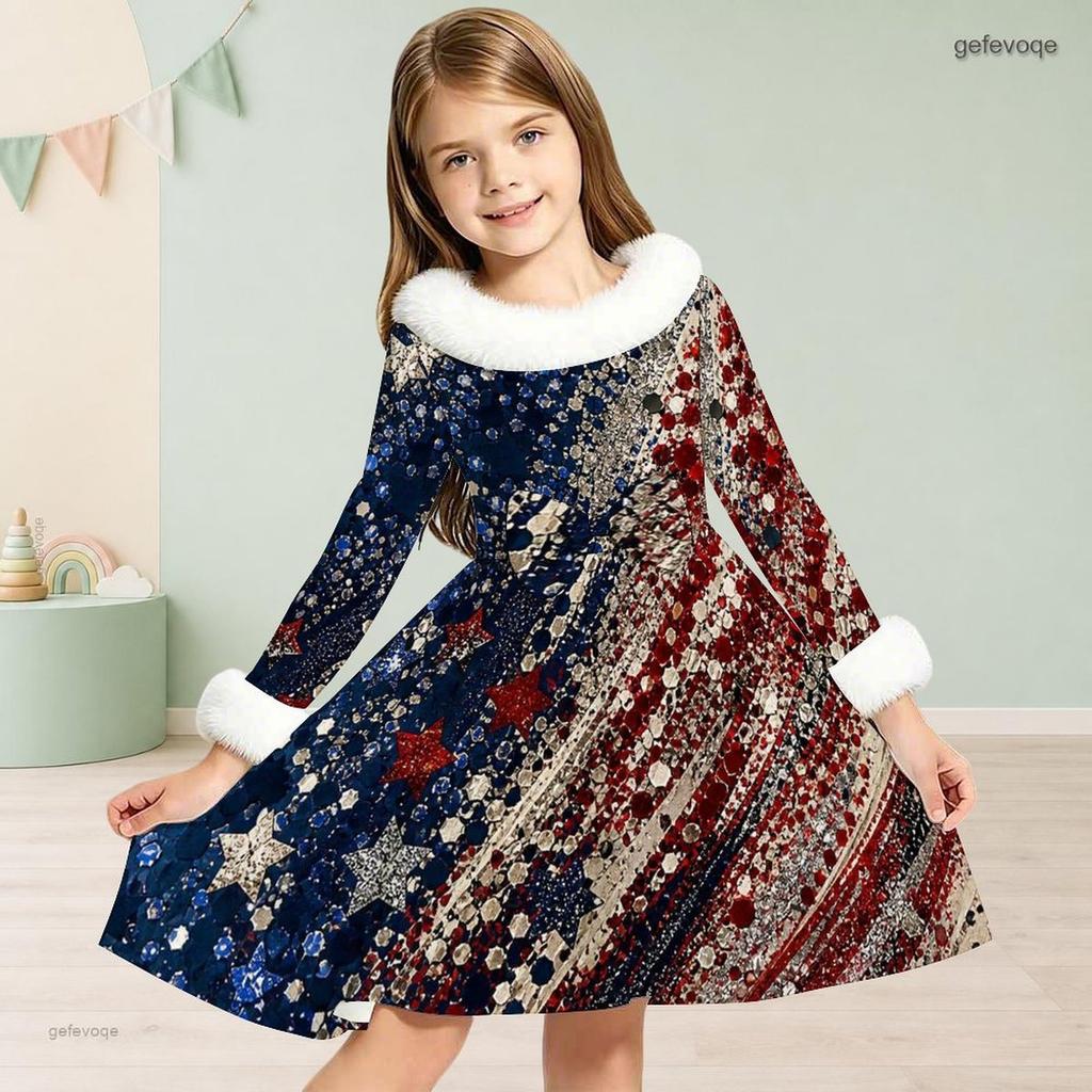 Girls High Neck Long Sleeve Tropical Leaf Printed A Line Flared Dress With Waist Bow And Furry Trim