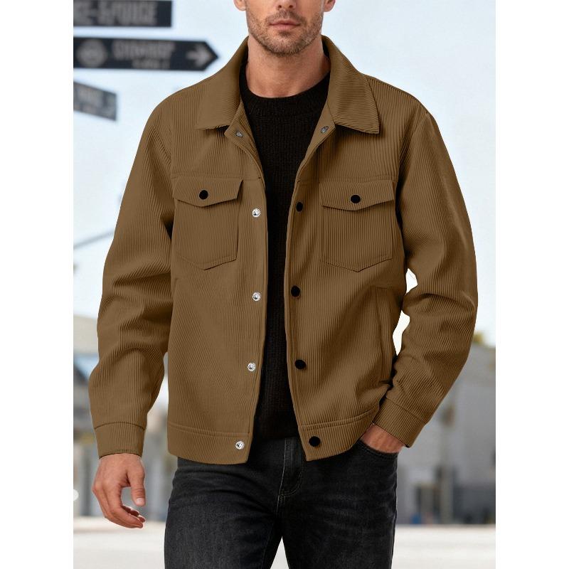 Spring Corduroy Single-breasted Casual Collar Long-sleeved Shirt Casual Sports Pocket Jacket Men