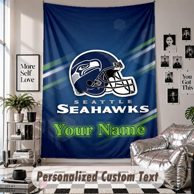 Wall Hanging Tapestry With Custom Name & Text, Seattle Seahawks Decorative Tapestry For Bedroom