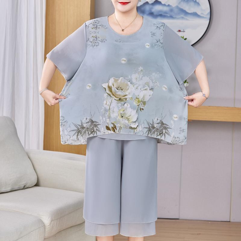 Plus Size 3XL-8XL Summer Chiffon Oversize 2 Piece Sets Women Clothes Casual Elegant Loose Wide Legs Pant Sets