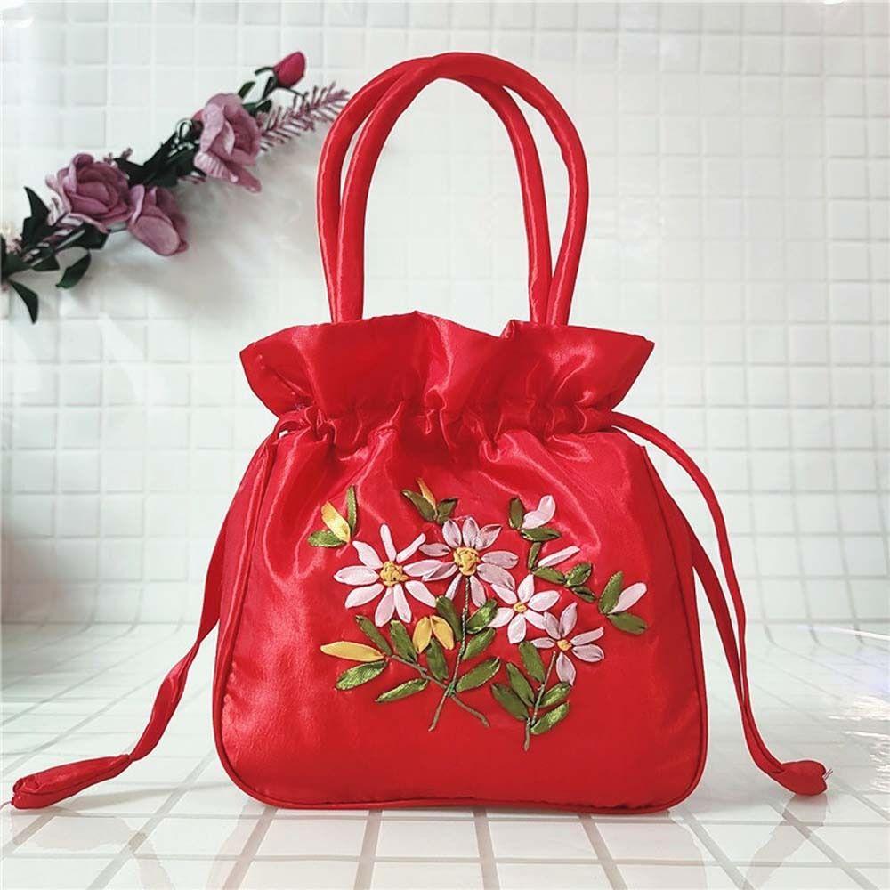 Leaf Embroidery Flower Handbag Ethnic Style Small Purse Wallet Hanfu Drawstrings Bag  Travel