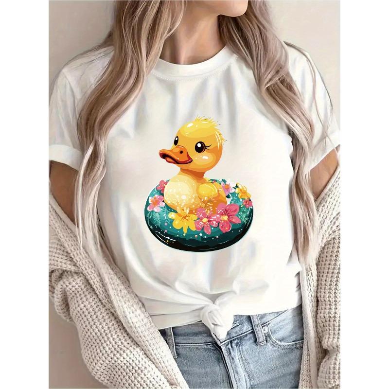 Women Yellow Duck Floral Print T-Shirt Round Neck Short Sleeve Spring Summer Casual Vacation Streetwear Top