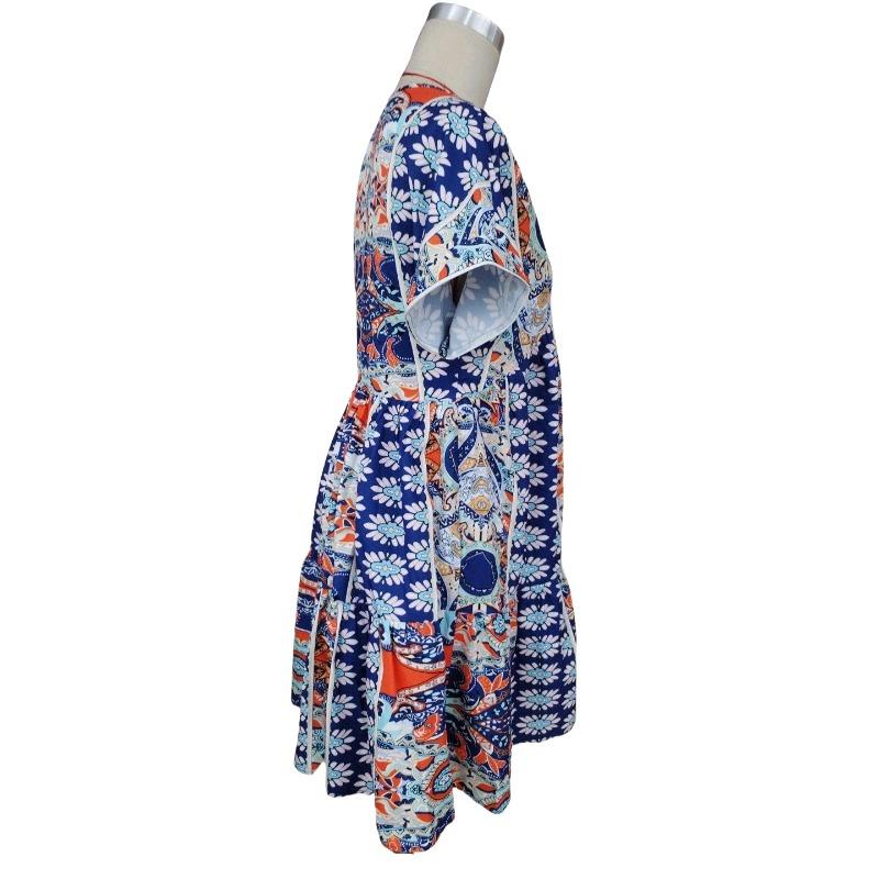 Women's Vintage Floral Print V-neck High-waisted Batsleeve Holiday Dress