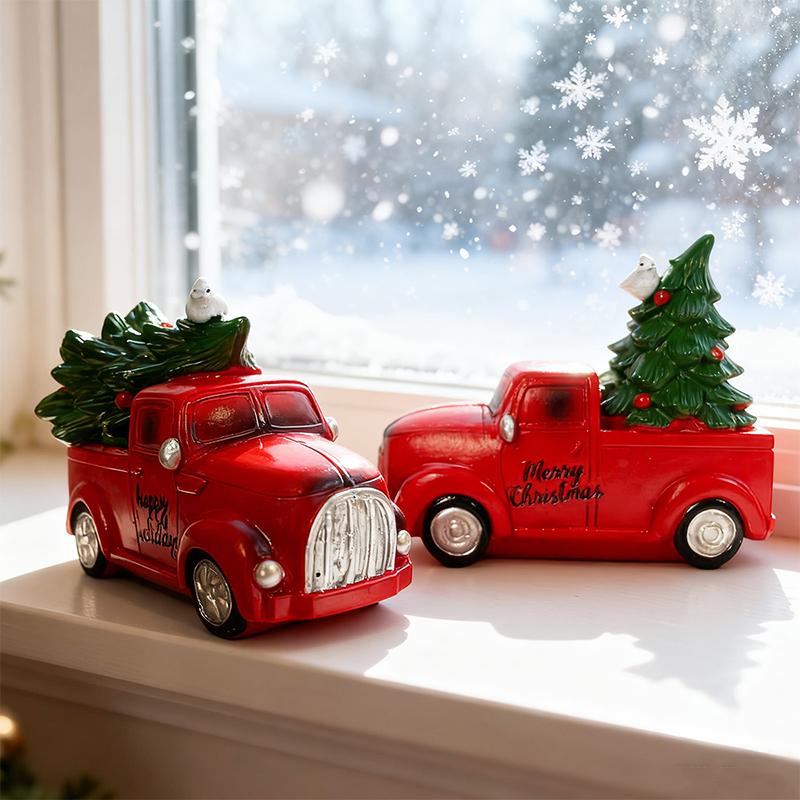 Vintage-Style Resin Decorative Ornament Pickup Truck Carrying a Christmas Tree Fun Holiday Home And Office Desktop Decoration