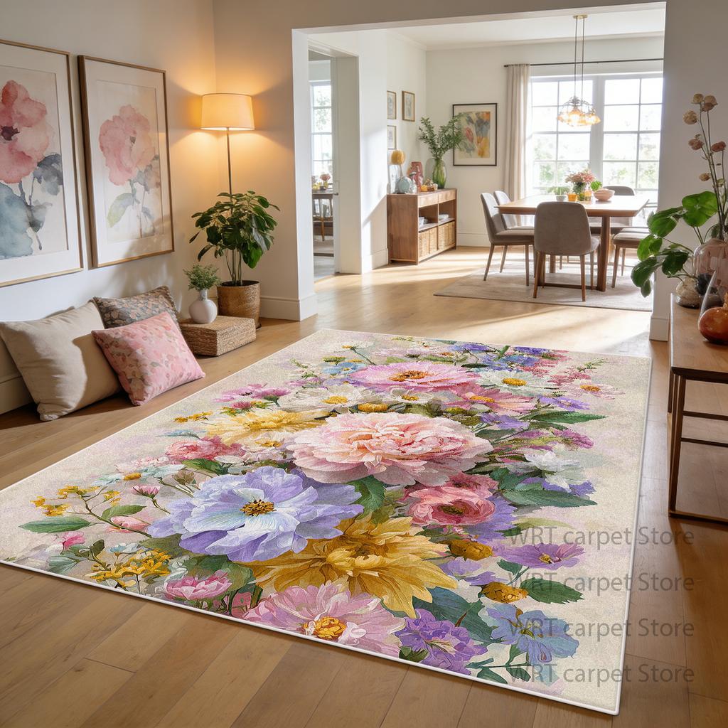 Cream Pink Color Floral Decoration Home Carpet Living Room Dining Room Area Non-slip Rug Patio Foldable Short Velvet Floor Mat