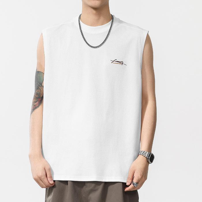 

Summer Thin American English Embroidered Sleeveless Vest Men s Round Neck T-shirt Short Sleeves 4XL белый