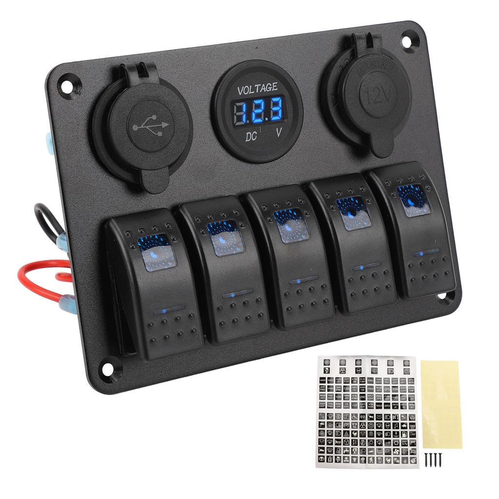 Schalttafel DC 12 bis 24 V 5-Gang Aluminiumlegierung IP65 Wasserdicht Vorverdrahtete Wippschaltertafel mit
