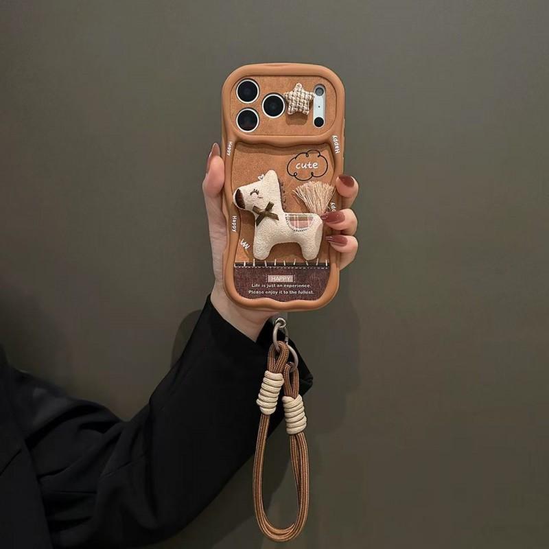 3D Plush Cartoon Pony Phone Case IPhone 17 Pro Max 16 15 14 With Chain Strap Soft TPU Cover Anti-Slip Shockproof Full