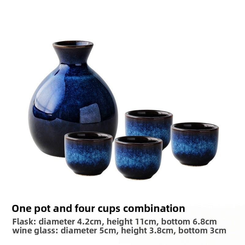 Japanisches Sake-Set Keramik Blau Weintasse Kanne Geschirr Retro Zuhause Shochu-Kanne 1 Kanne 4 Tassen Set Geschirr Barzubehör