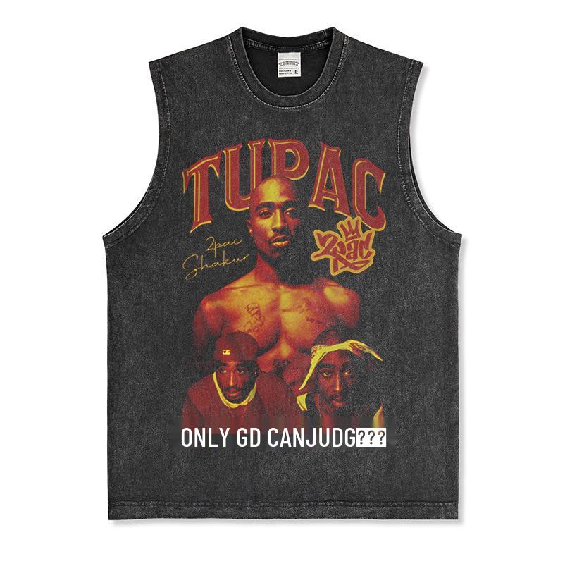 Canotta Senza Maniche Tupac Grafica Retro High Street Cotone Pesante