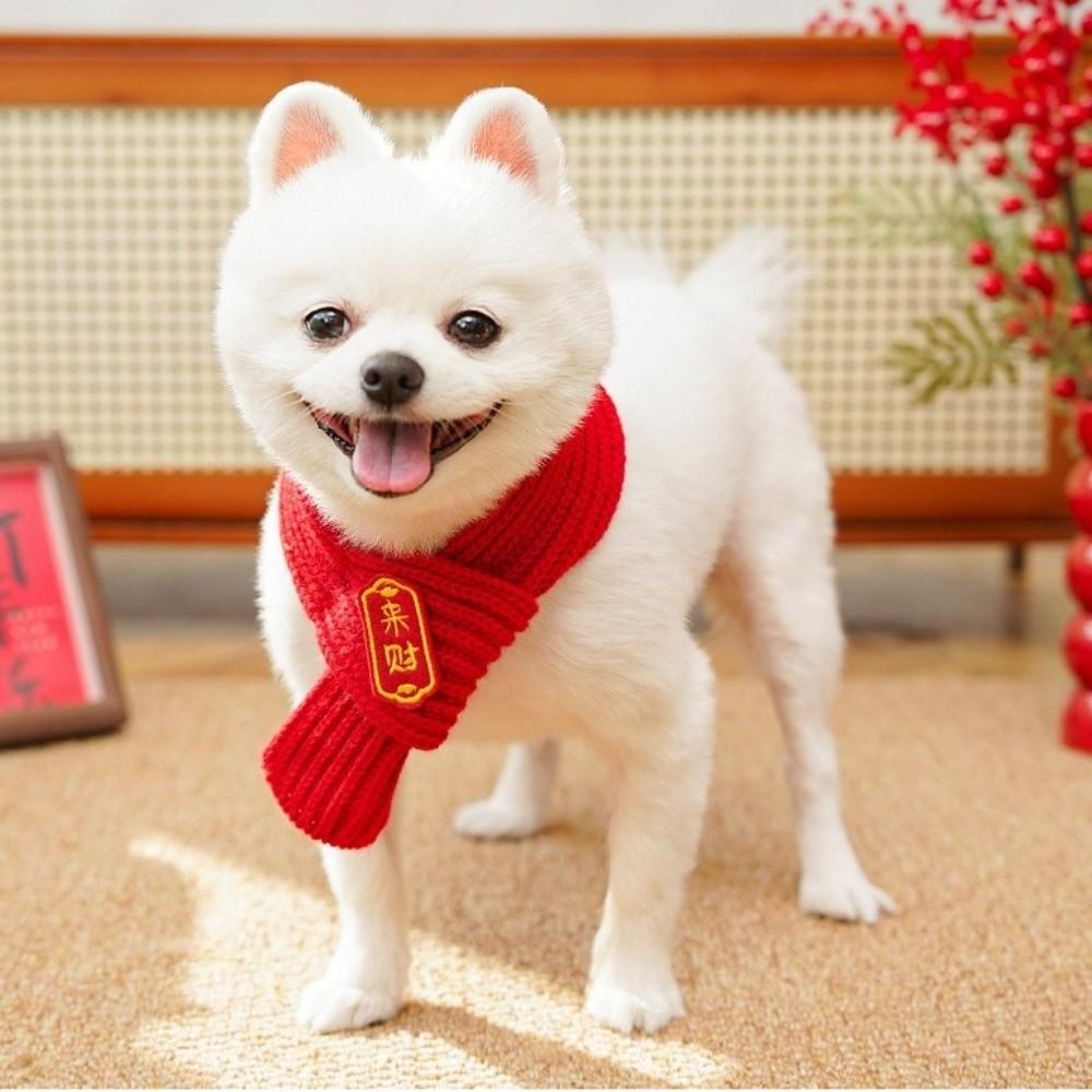 Adorable Red Color Knitted Cat Scarf Warm Embroidered New Year Dog Scarf Festive Blessing Pet Scarf Bib Chinese New Year