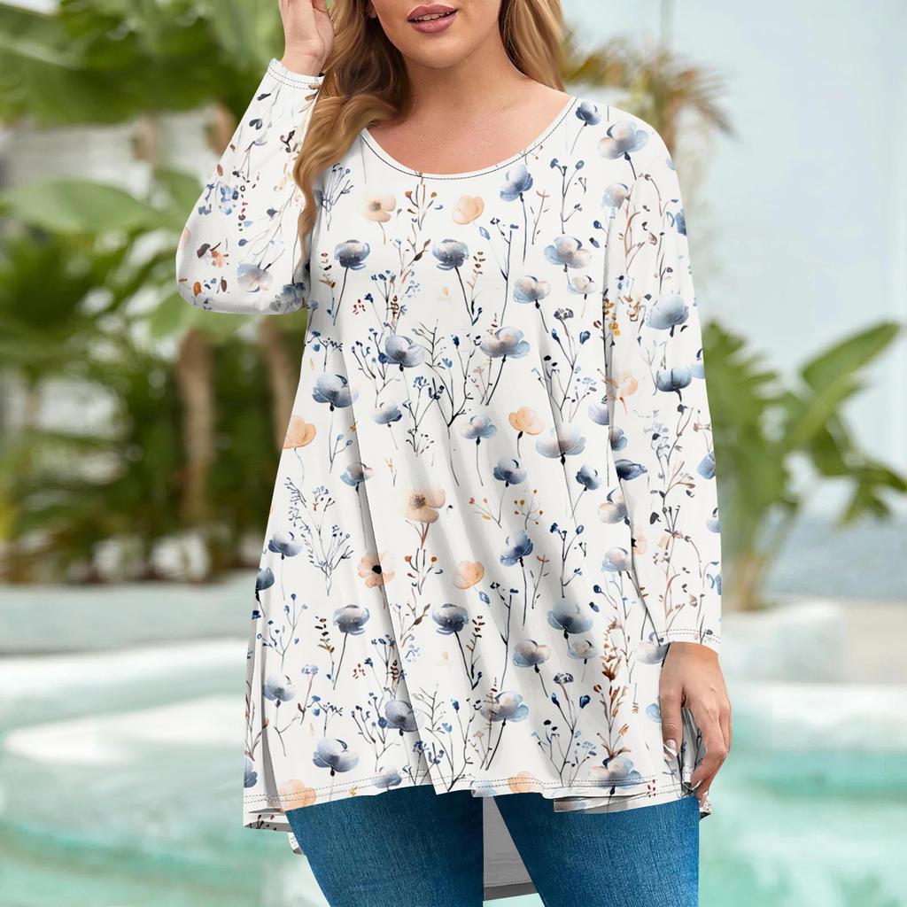 Women's plus size top, garden collar long sleeved shirt, fashionable floral print casual top