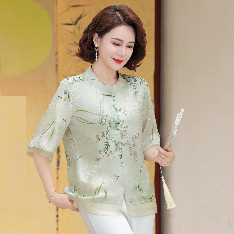 

Women s Summer Faux Silk Printed Casual Loose Top for Middle-Aged & Elderly XL (90-105 jin) зелений