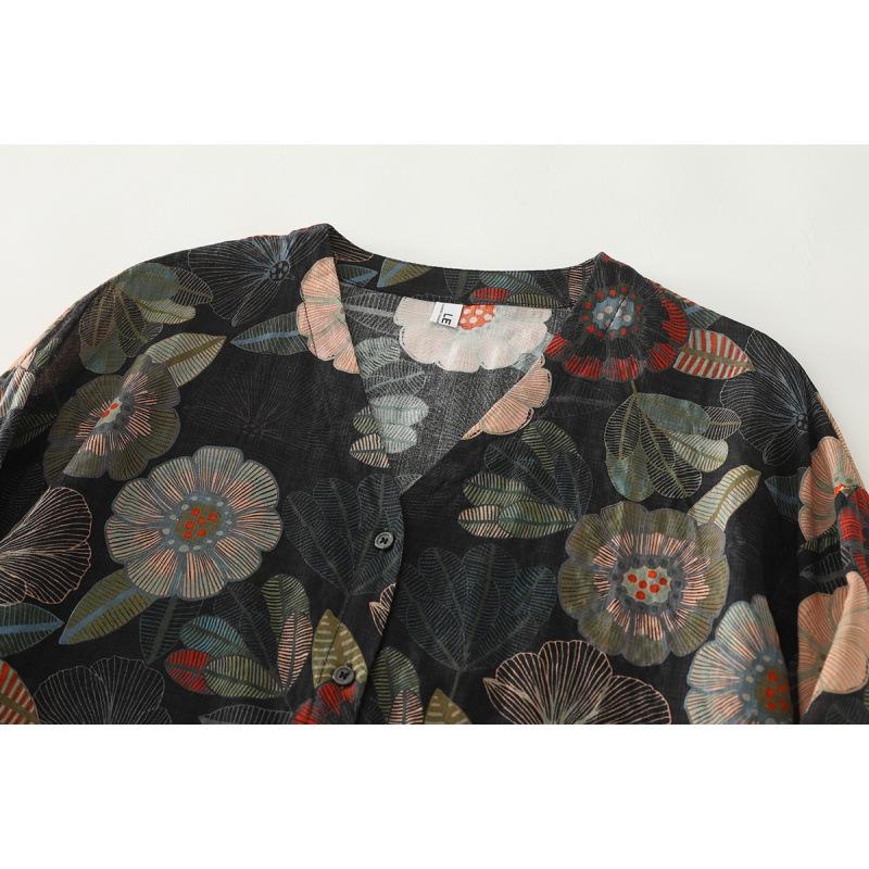 Autumn 2025 Artistic Retro Floral V-Neck Shirt: Cotton Linen, Age-Reducing, Plus Size, Casual One Size