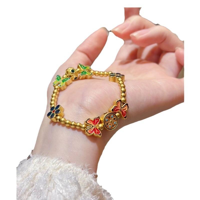 Gold Shop-style Bracelet, Traditional Sand Gold Bracelet, Enamel-coated Colorful Butterfly Bracelet, Gift for Women