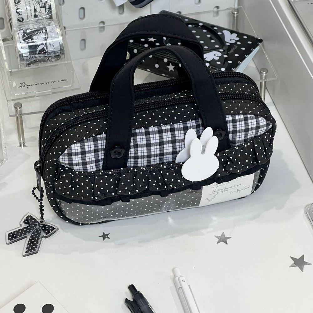 Handheld Pencil Case Plaid Polka Dot Stationery Bag Aesthetic Stationery Organizer Students