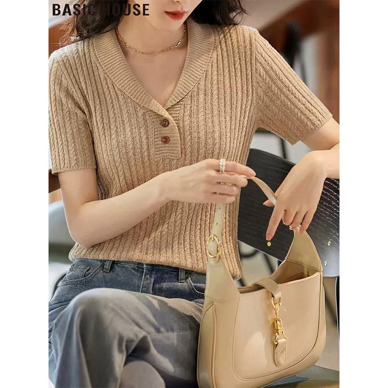 Basic House Women s V-Neck Knitted T-Shirt L