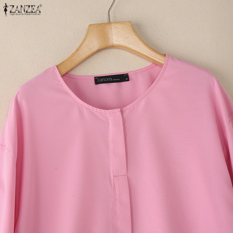 ZANZEA Women Casual Round Neck Solid Color Long Sleeve Loose Blouse