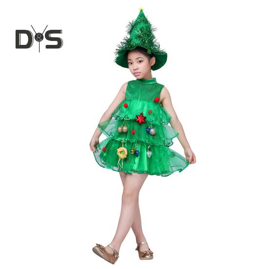 Children Christmas Dress Multi Pendant Decor Scattered Cake Hem Sleeveless Stand Collar A-line Cosplay Stage Show Performance Mini Dress