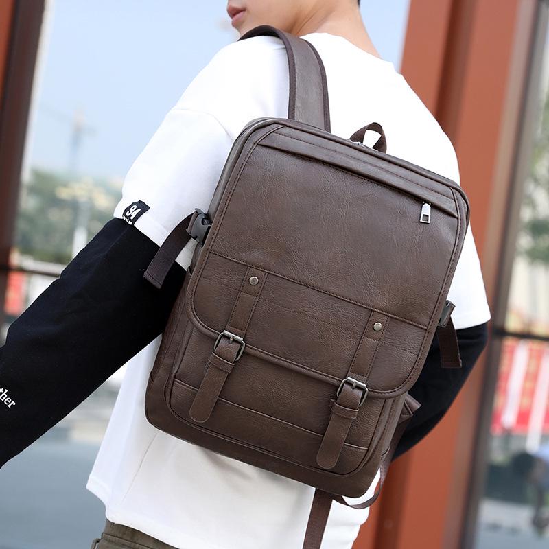 Men's PU Leather Business Travel Backpack: Retro Style, Large Capacity, Perfect for High School and Casual Use.