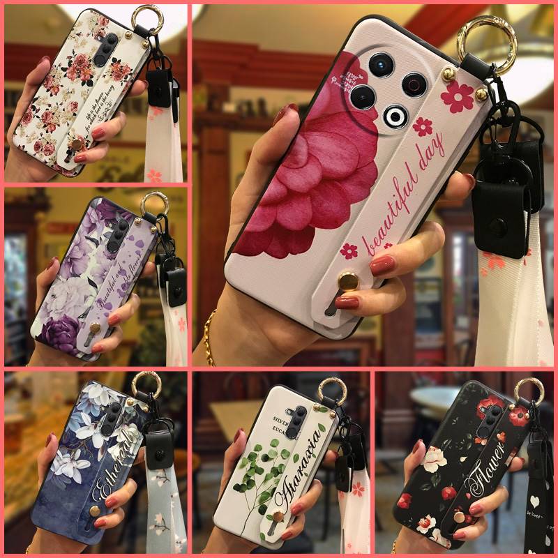 Protective Flower Phone Case For Tecno Spark30 Pro 4G/KL7 Kickstand Dirt-resistant Phone Holder Wrist Strap Back Cover