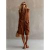 Women Linen Sleeveless Shirt And Shorts Set Summer Casual