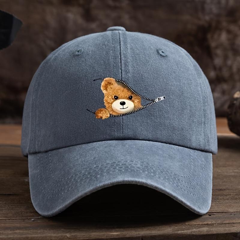 Zippered Bear Print Baseball Cap, Outdoor Sun Protection Cap, Stylish Full Duckbill Cap, Black, Machine Washable Baseball Cap
