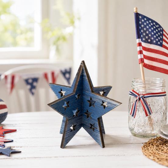 Wooden Independence Day Ornament, 3D Spliced Stars Red White Blue Patriotic Decoration, Fourth of July Decoration