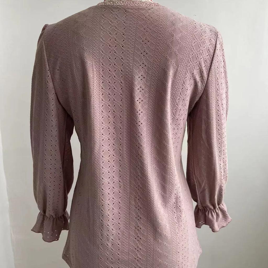 Women's Lace V Neck Puff Long Sleeve Eyelet Tops Dressy Business Casual Work Shirts Blouses Crochet Hollow Out Blouse Lace Pullover Top S-XXL