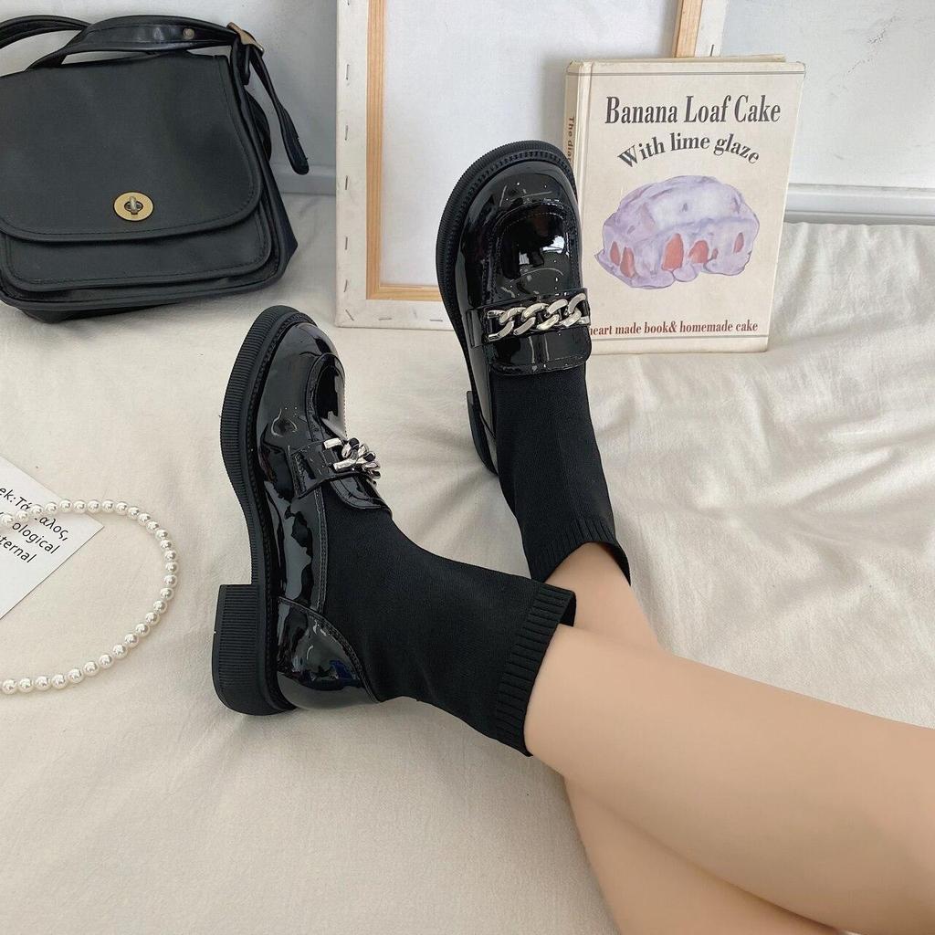 Oxford Shoes for Women Slip On Round Toe Mary Jane Shoes Woman Metal Chain Square Heels Leather Shoes Female
