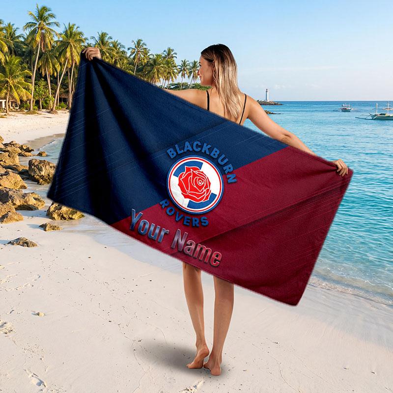 Blackburn Rovers FC Custom Beach Towel, Personalized Name Text Print, Football Logo Soft Quick‑Dry Towel Holiday Gift