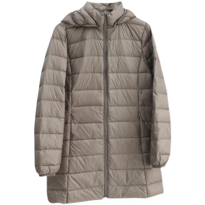 Women's Mid-Length Slim Fit Hooded Down Jacket, Flattering Plus Size, Lightweight with Detachable Hood