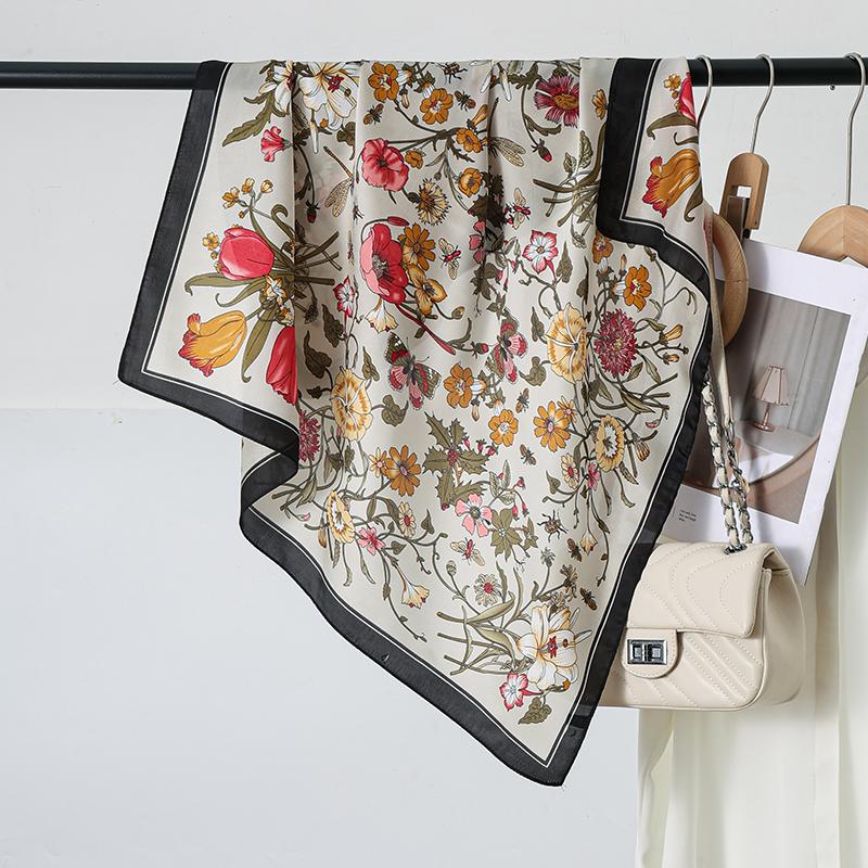 70X70Cm Simulation Square Silk Scarf Women Flower Pattern Printed Scarves Female Soft Satin Shawl Wrap Headband Kerchief Hijab