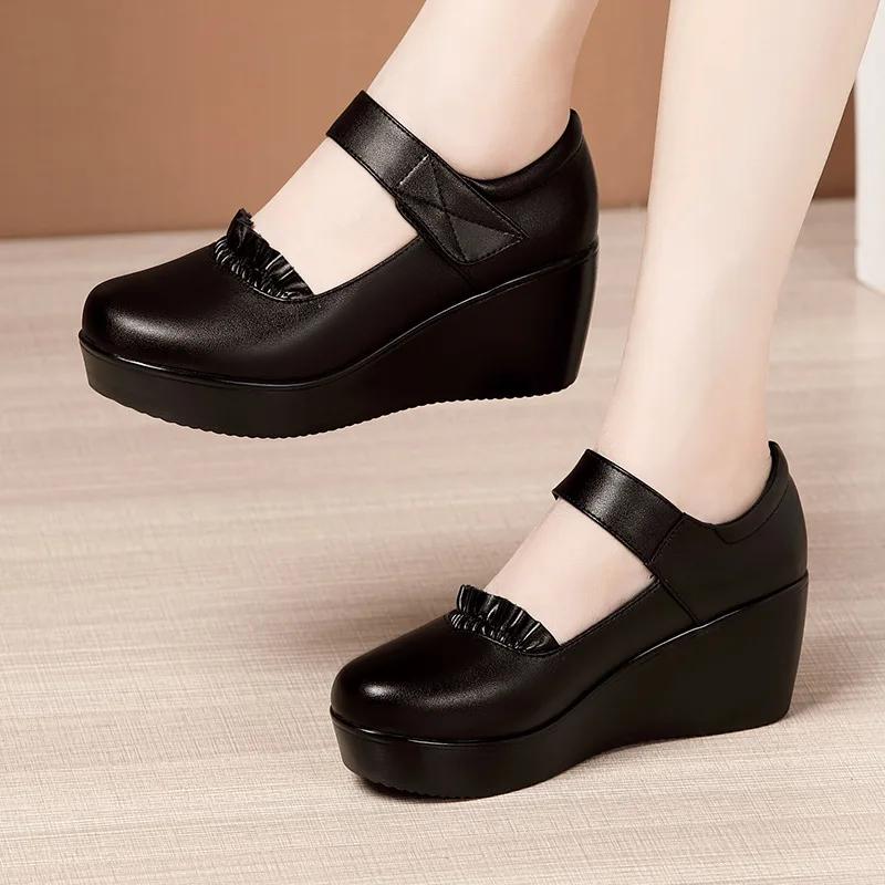 

6cm Small Size 32-43 Comfortable Med Heels Pumps Soft Leather Mary Janes 2025 Women s Platform Wedges Shoes for Office Mom Dance 32