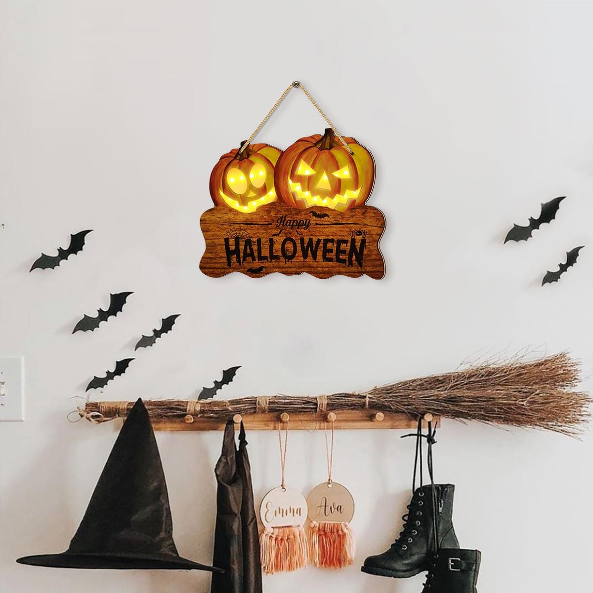 

Light - up Wooden Halloween Sign with Two Pumpkin Jack - o - Lanterns, Festive Home Decoration L
