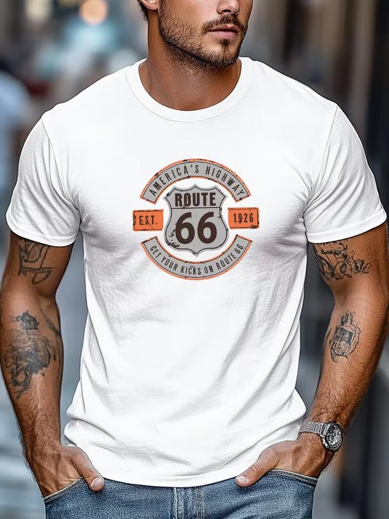 Unisex Vintage Route 66 Tshirt Americas Highway Road Sign Graphic Short Sleeve Casual Travel Biker Basic Tops