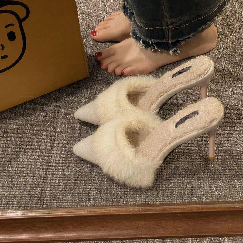 Skinny small slippers summer spring spring French high heels and thin heels, half-towed fluffy slippers, new models look good and increase height
