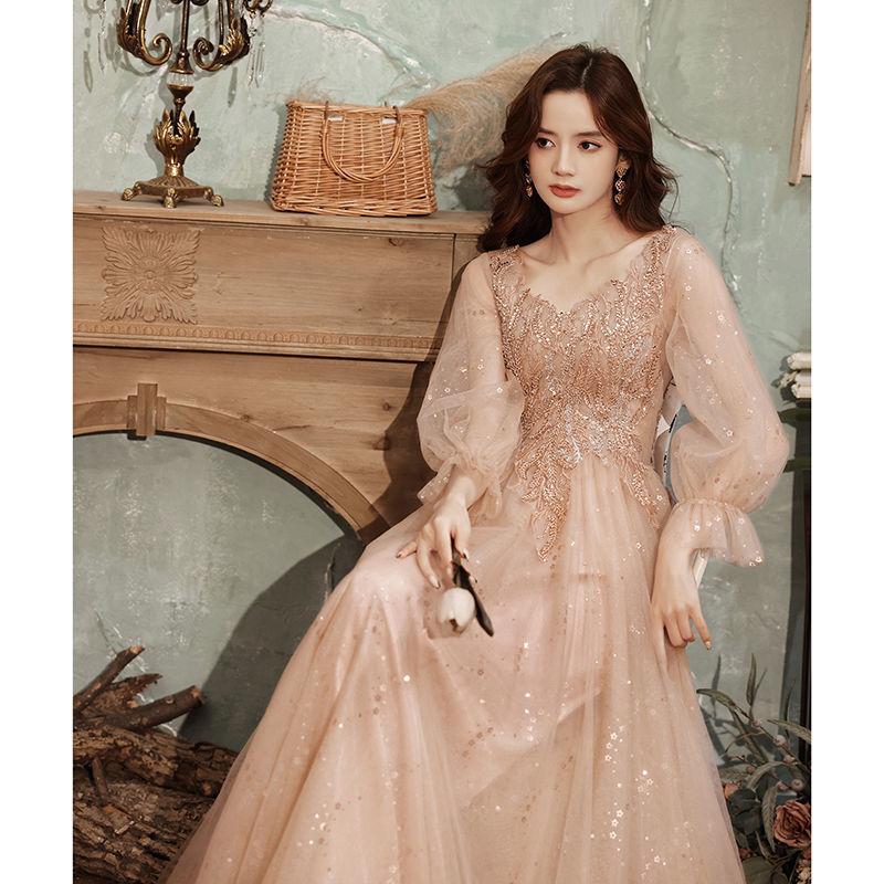 Fairy Dress 1011 New Summer Host Dignified Atmospheric Dress Long Sleeve V-Neck Banquet Evening Dress