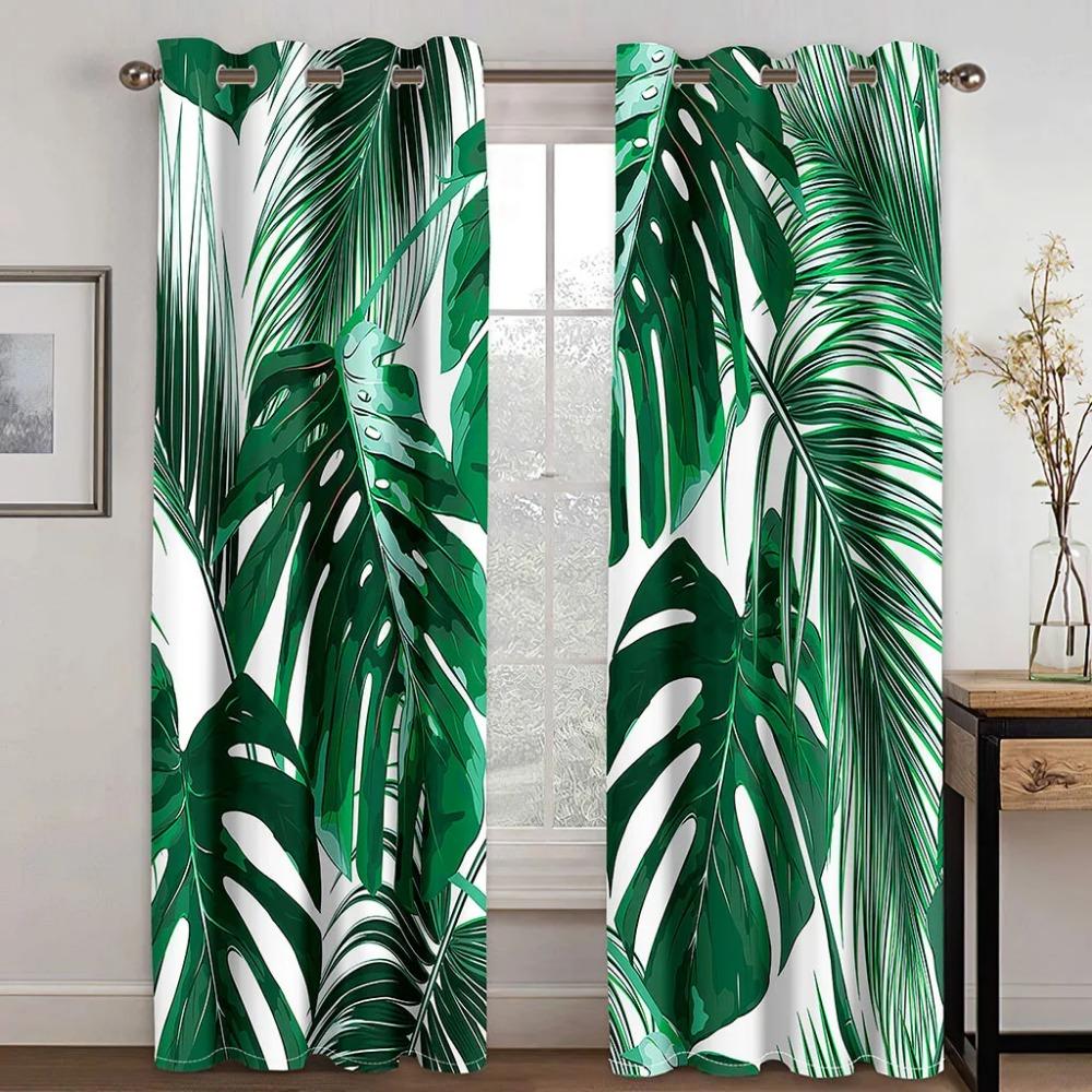 2pcs Tropical Leaf Curtain Green And White Plant Palm Summer Hawaiian Watercolor Plant Banana Tree Natural Print Curtain Bedroom
