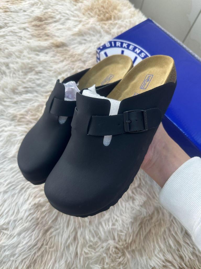 Unisex Genuine Leather Birkenstock Closed-Toe Clogs with Vintage Cork Platform