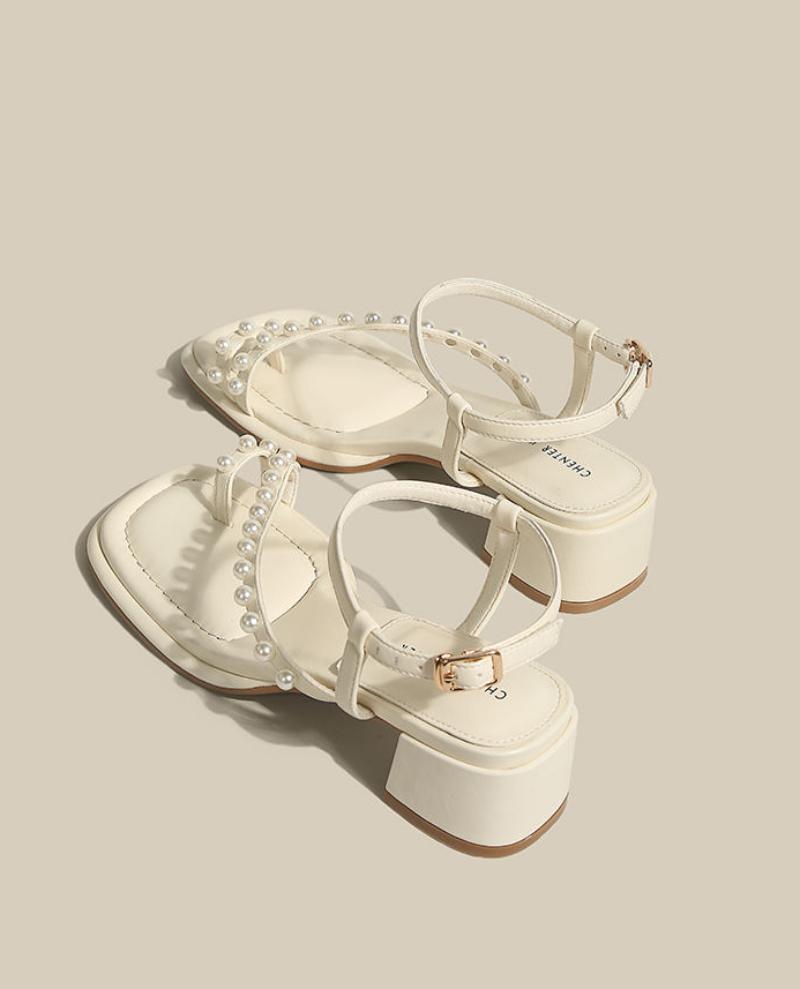 Sandals for Woman Flip-flops Women's Shoes Chunky Summer 2024 Block Heel Footwear with Medium Heels Rhinestones Thick Beige Sale