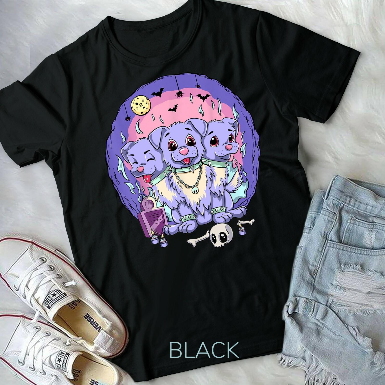 Kawaii Pastel Goth Cute Creepy 3 Headed Demon Dog Skull Vaporwave Aesthetic Tee L