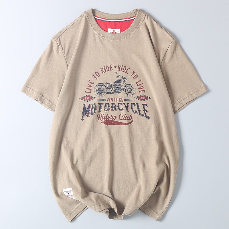 Vintage Motorcycle Element Print Short-Sleeve T-Shirt, Export Quality, Summer Men's All-Cotton Round-Neck Casual Half-Sleeve