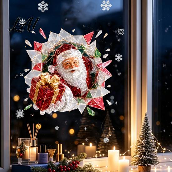 Merry Christmas Room Ornaments 2Pcs Stained Glass Style Window Clings Double‑Sided Printed Xmas Static Durable Holiday Art Decals Snowman