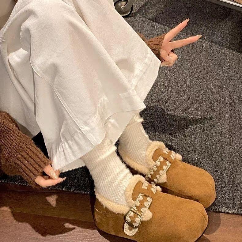 Platform cotton shoes women's warm retro brown velvet winter pedal fluffy shoes good-looking Birkenstock