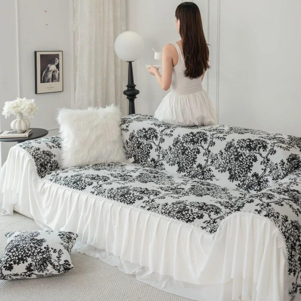 Two-seat Sofa Towel Lace Ruffles Sofa Cover Jacquard Chenille Slipcover for L Shaped Couch Armchair Loveseat Furniture Protector