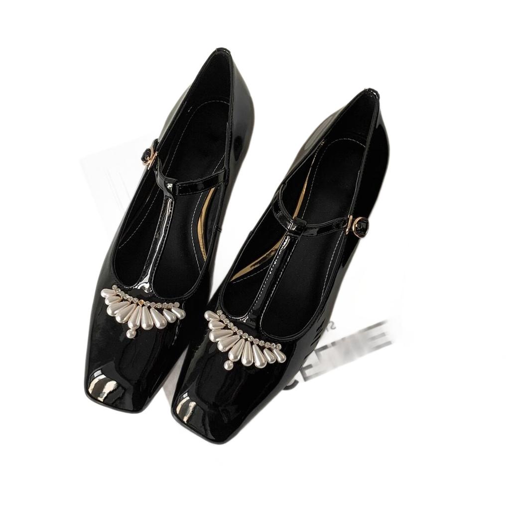 Temperament Square Head Pearl T-Buckle with Low Heel Mary Jane Shoes Women's French Patent Leather Gentle Light Mouth Single Shoes