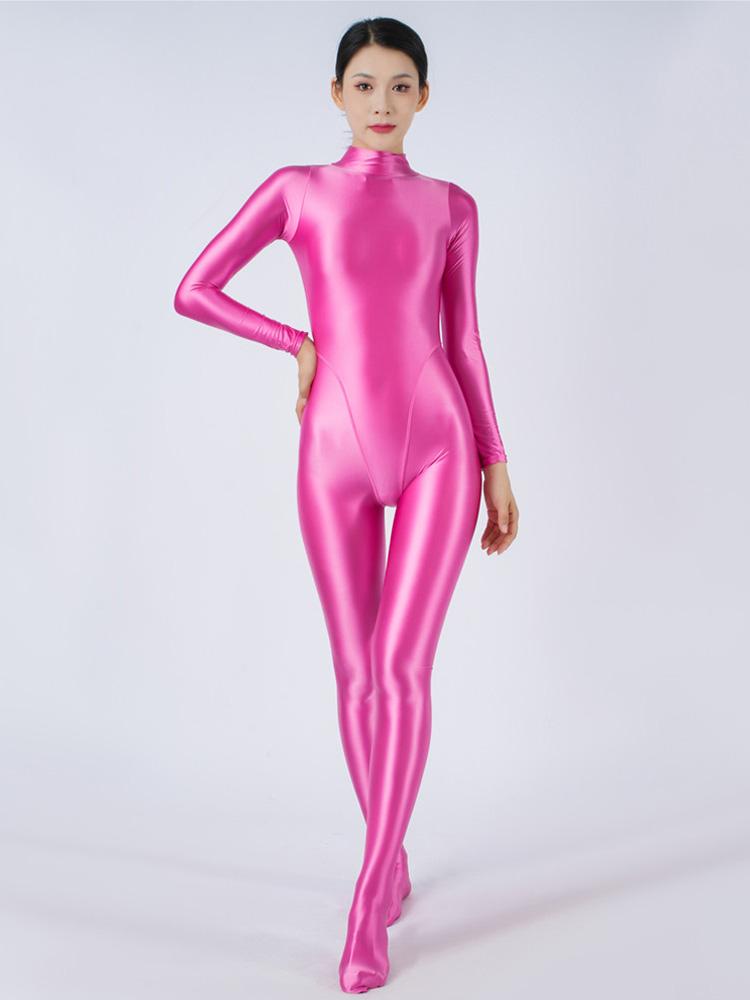 Sexy Women Stain Oil Shiny Elastic Bodysuit Shapping Romper One-Piece Thong Silky Tight Satin Jumpsuits Candy Color Maid Leotard