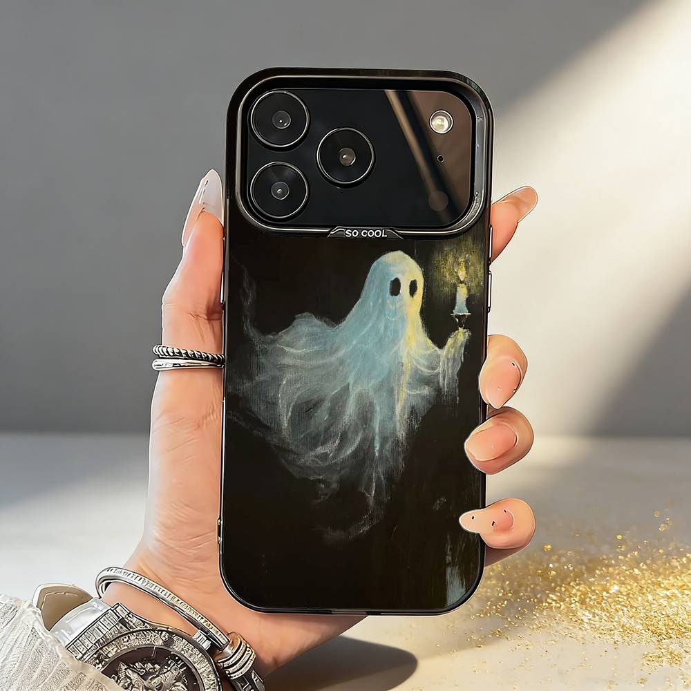 O-Oil Painting C-Cute G-Ghosts Lovely Phone Case For iPhone17 16 15 14 13 12Pro Max Grey Black Matte Laser Metallic Aurora Funda