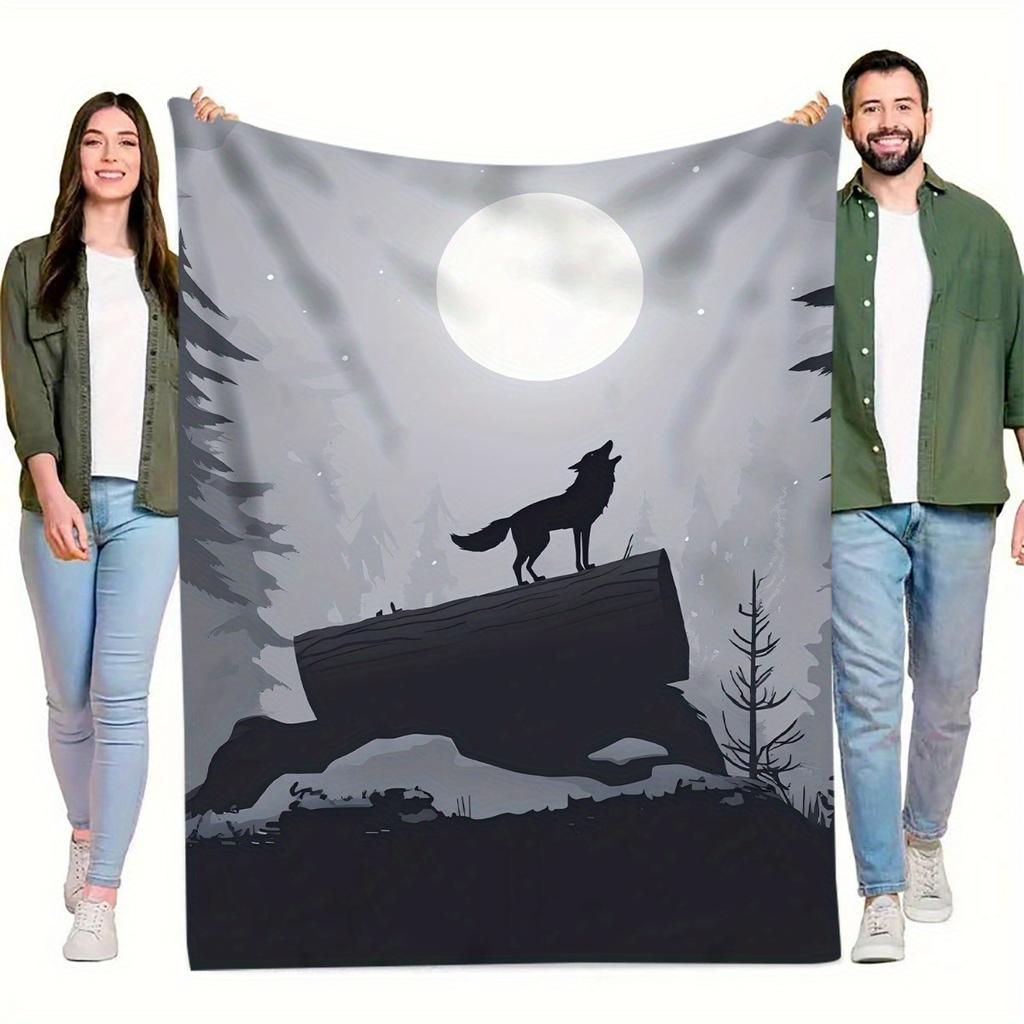 1pc Wolf Howling at Moon Blanket - Dark Gray/Black/White Color Scheme Flannel Throw - Soft All-Season Bedspread for Home, Campin